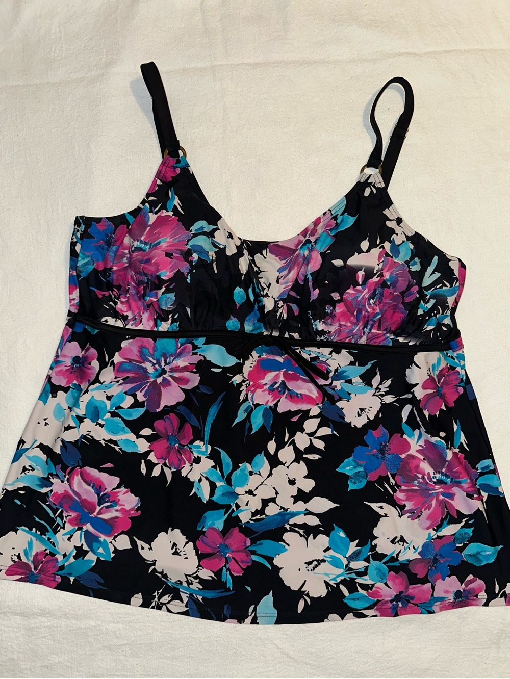 Floral Scoop Neck Tankini Top in Black with Pink & Teal Flowers